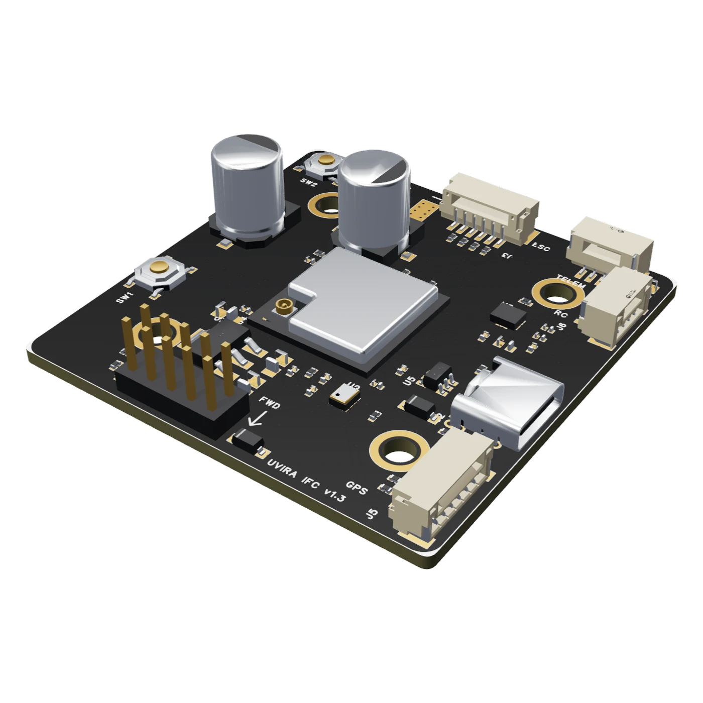 The UVIRA IFC 1.3 flight controller from the front corner