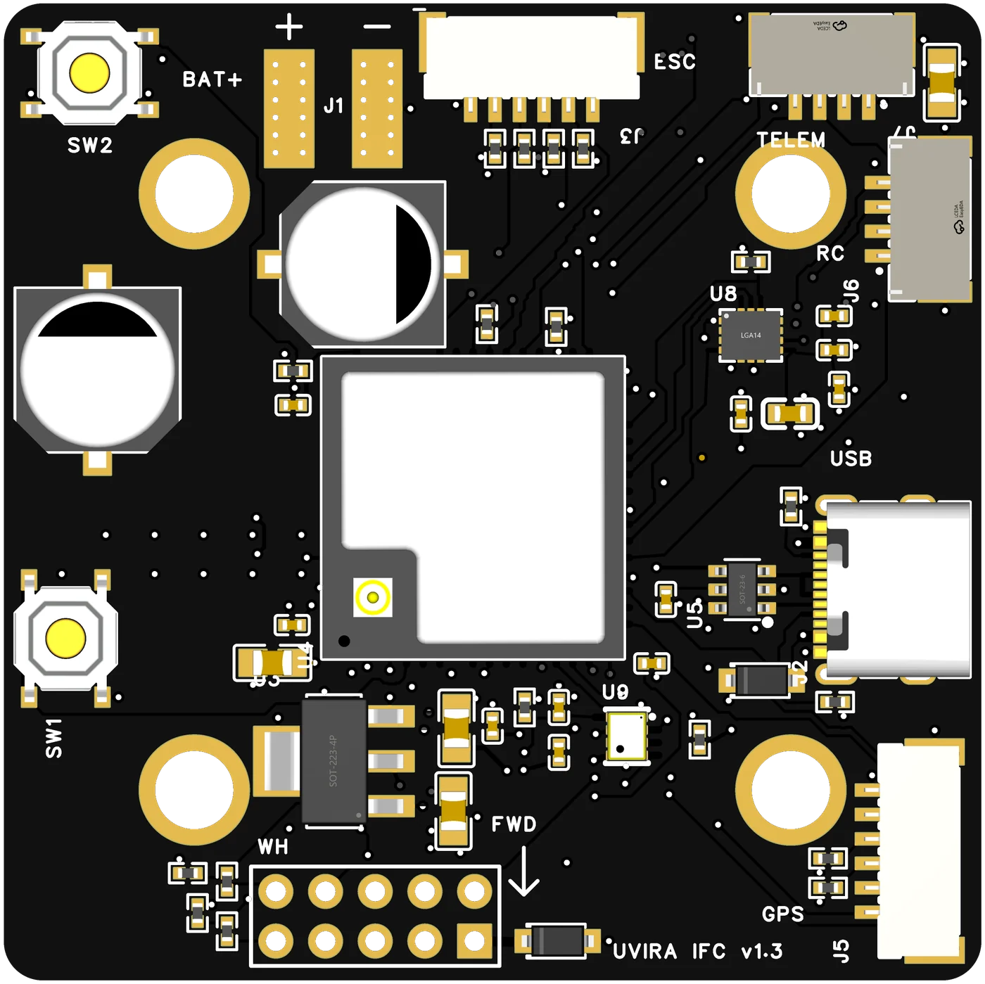 The UVIRA IFC 1.3 seen from above: battery pads, ESC and telemetry connectors along the top, receiver, USB-C and GPS connectors on the right, the payload header at the bottom.