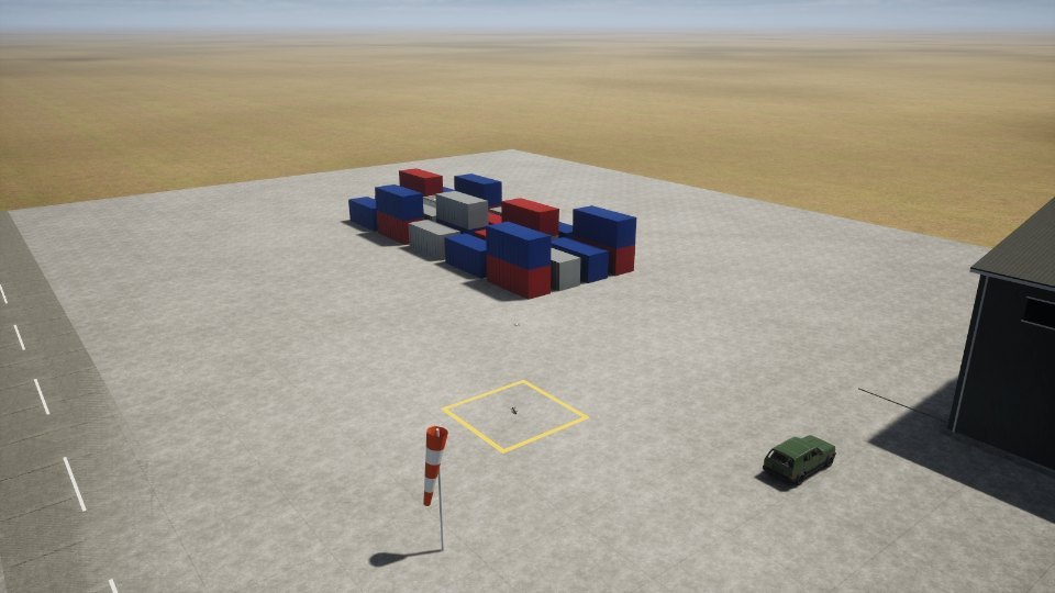 A container yard world in FORGE Studio: stacked containers, a landing square, a wind sock and a parked truck
