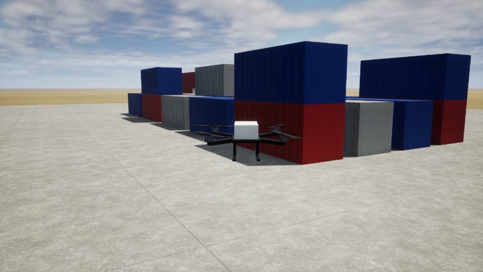 A drone from the Marketplace beside stacked containers, in FORGE Studio's 3D view
