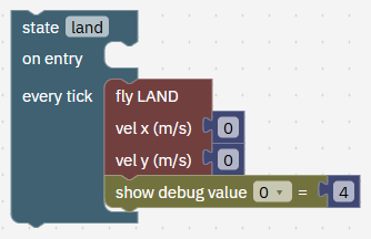 State land. Every tick: fly LAND with vel x 0 and vel y 0; show value 0 = 4.