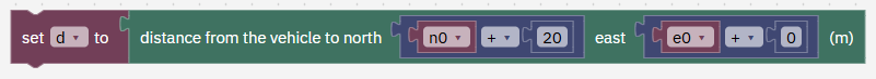 set d to distance from the vehicle to north n0 + 20, east e0 + 0, in metres.