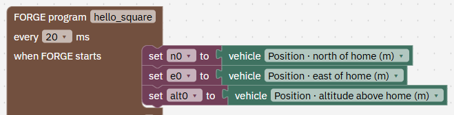 The FORGE program block named hello_square, every 20 ms. When FORGE starts: set n0 to vehicle north of home, set e0 to vehicle east of home, set alt0 to vehicle altitude above home.