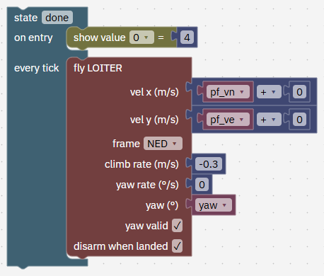 State done: fly LOITER at the truck's velocity plus 0, climb rate -0.3, disarm when landed ticked.