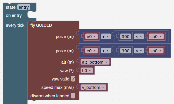 State entry: fly GUIDED to n0 + 300 × ch0, e0 + 300 × sh0, alt alt_bottom, yaw h0, speed max v_bottom.