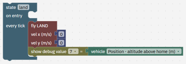 State land: fly LAND with vel x 0, vel y 0; value 7 = altitude.