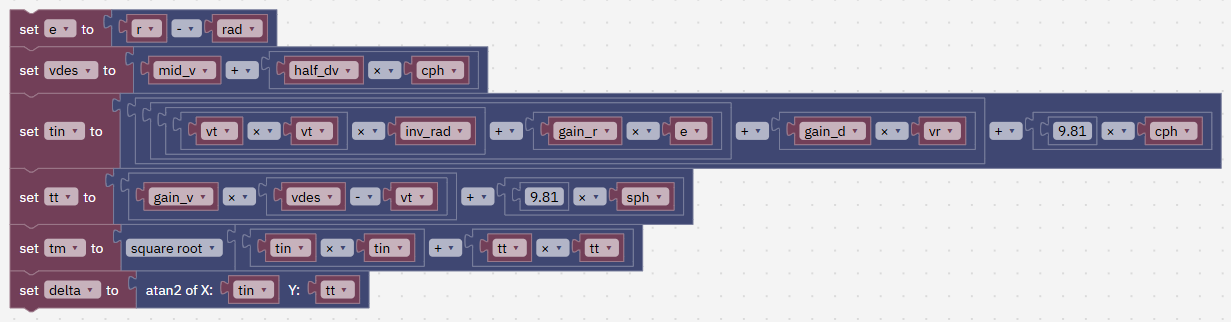 set e to r − rad; vdes to mid_v + half_dv × cos(phi); tin, the push towards the centre; tt, the push along the path; tm, the total push; delta, the push's tilt along the path.