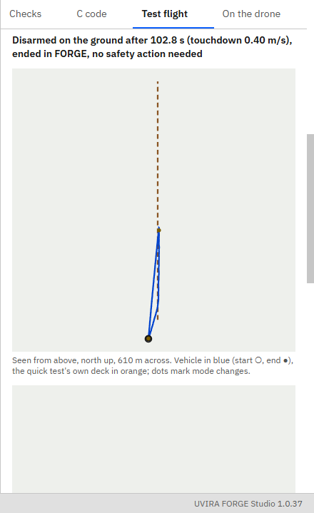 The Test flight tab's result: Disarmed on the ground after 102.8 s (touchdown 0.40 m/s), ended in FORGE, no safety action needed; seen from above, the drone's path runs north behind the truck's and back to the start.
