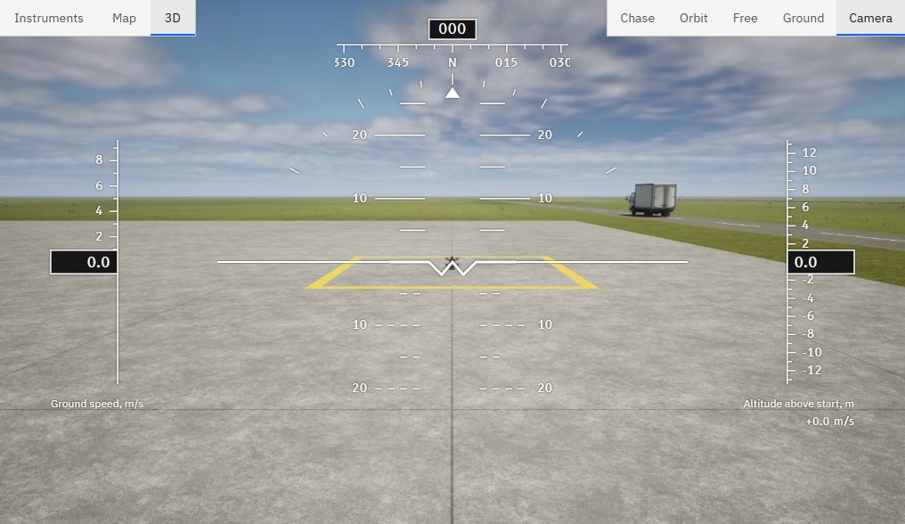 The 3D view's Camera view: the QC-02 on its launcher, seen from My camera 15 m south of it