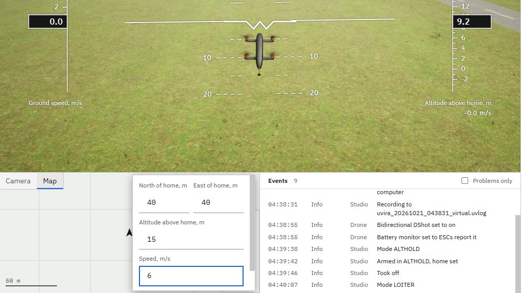 The Fly to point box on the small map with the point 40 m north and 40 m east of home, altitude 15 m and speed 6 m/s