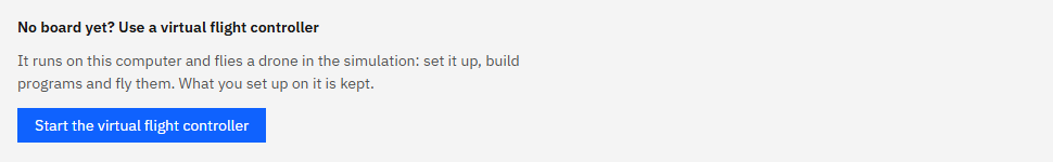 The Connect page's part for the virtual flight controller with its blue Start the virtual flight controller button