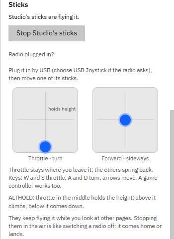 Fly, Sticks: Studio's two stick pads, Throttle and turn with the holds height mark, and Forward and sideways