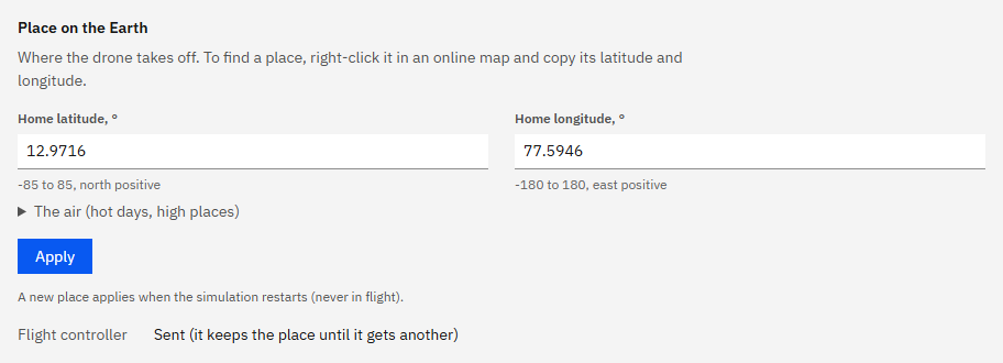 Simulate, Where it flies, with home latitude 12.9716 and longitude 77.5946 typed in and the place sent to the flight controller