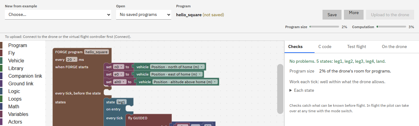 FORGE with the hello_square program open: New from example, the program's name, Upload to the drone, and the Checks tab saying No problems. 5 states: leg1, leg2, leg3, leg4, land.