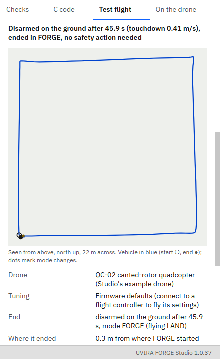 The Test flight tab's result: Disarmed on the ground after 45.9 s (touchdown 0.41 m/s), ended in FORGE, no safety action needed, with the square flown seen from above and the drone, tuning, end and where it ended.