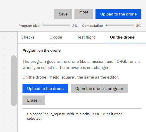 FORGE's On the drone tab after the upload: On the drone: hello_square, the same as the editor, and Uploaded hello_square with its blocks.