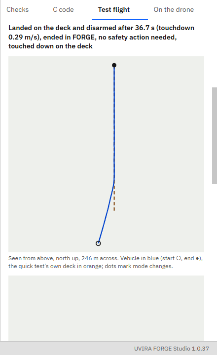 The Test flight tab's result for the truck: Landed on the deck and disarmed after 36.7 s (touchdown 0.29 m/s), ended in FORGE, touched down on the deck, the flight seen from above and close to the test deck.