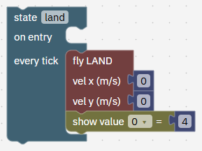 State land. Every tick: fly LAND with vel x 0 and vel y 0; show value 0 = 4.