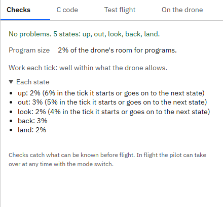 The Checks tab: No problems. 5 states: up, out, look, back, land. Program size 2% of the drone's room for programs.