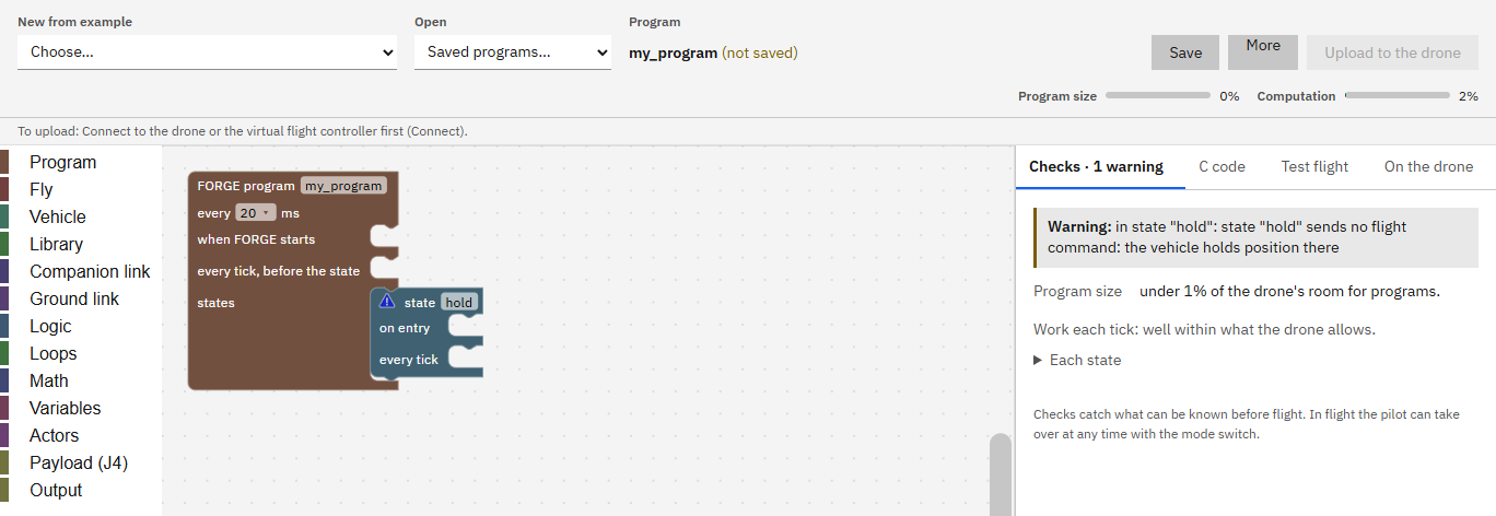 FORGE with an empty program: the program block my_program every 20 ms, with when FORGE starts, every tick before the state, and one state hold.