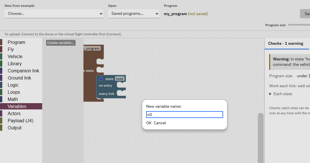The Variables list open with Create variable..., and the box New variable name with n0 typed in.
