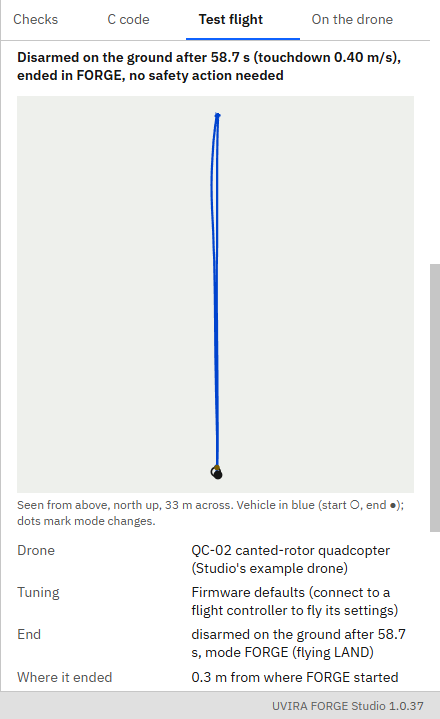 The Test flight tab's result for look_around: Disarmed on the ground after 58.7 s, a straight track out and back, 0.3 m from where FORGE started, altitude up to 10.1 m.