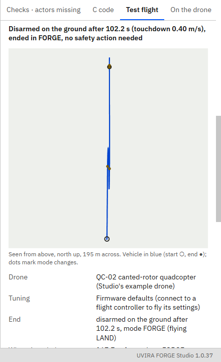 The Test flight tab's result for the loop: Disarmed on the ground after 102.2 s, 167.7 m from where FORGE started, altitude up to 80.6 m, most tilt in the air 179°, fastest 15.1 m/s.