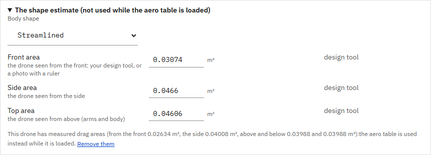 The shape estimate, not used while the aero table is loaded: body shape Streamlined, front area 0.03074 m², side area 0.0466 m², top area 0.04606 m²