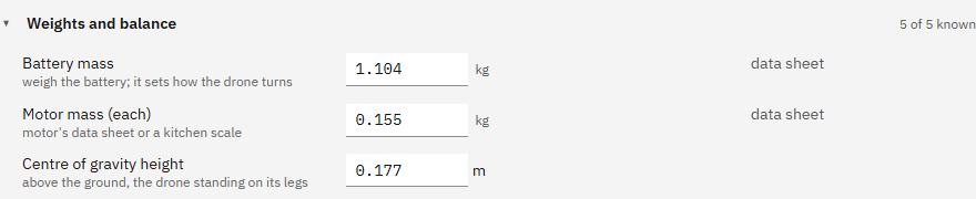 The Weights and balance fold for the QC-02: battery mass 1.104 kg, motor mass 0.155 kg, centre of gravity height 0.177 m
