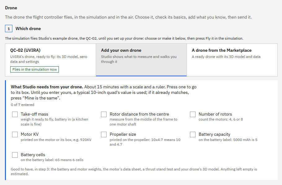 Setup › Drone with Add your own drone chosen: the list of seven things Studio needs, none ticked yet