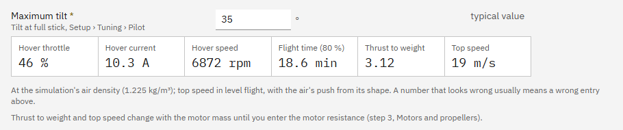 The numbers Studio works out for the example drone: hover throttle 46 %, hover current 10.3 A, flight time 18.6 min, thrust to weight 3.12, top speed 19 m/s