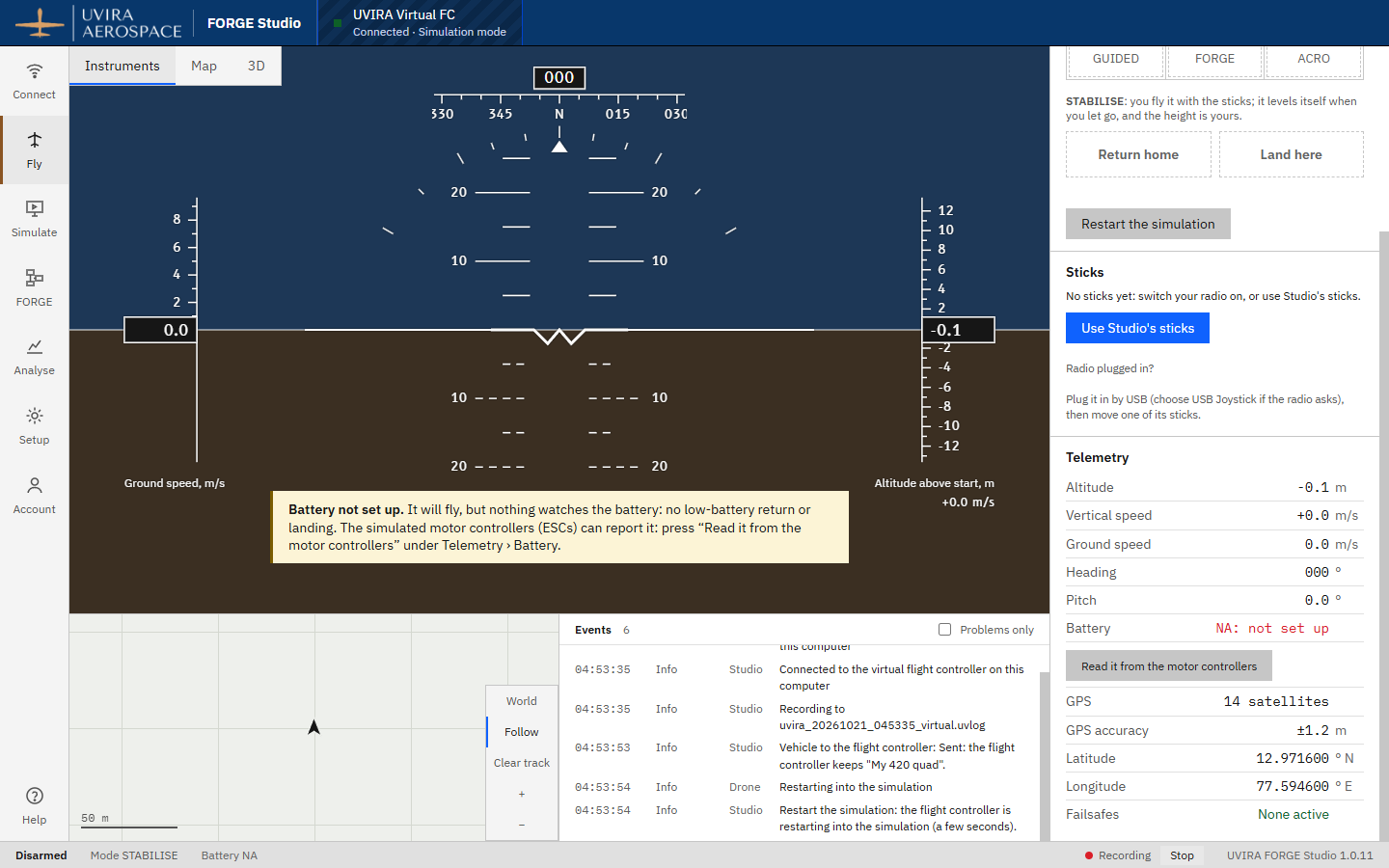 Fly on the virtual flight controller: Battery not set up, and the Read it from the motor controllers button under Telemetry › Battery