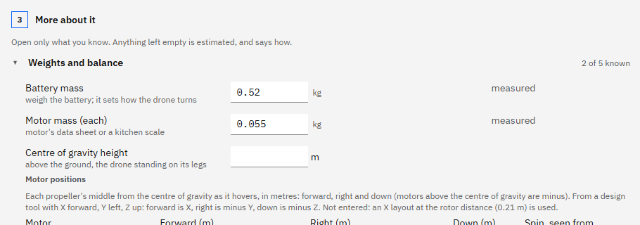 More about it, Weights and balance open: battery mass and motor mass typed, 2 of 5 known