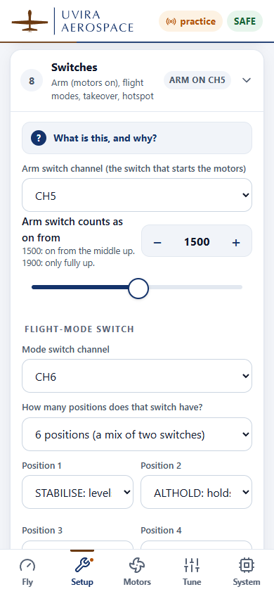 The phone setup page, Setup › Switches: arm switch on channel 5, mode switch on channel 6, and the flight mode for each position