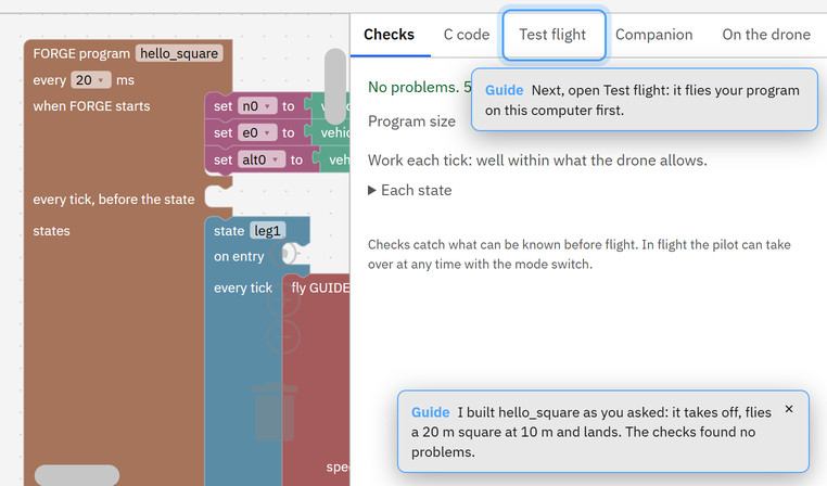 FORGE Studio with a program an AI assistant built. Its notes say: I built hello_square as you asked: it takes off, flies a 20 m square at 10 m and lands; the checks found no problems. Next, open Test flight.