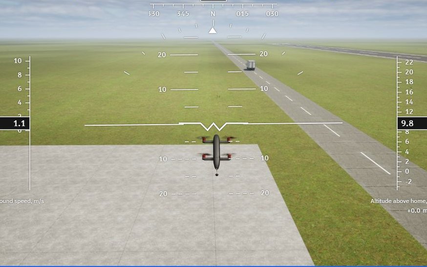 FORGE Studio's 3D view: a virtual drone holding its height over the runway