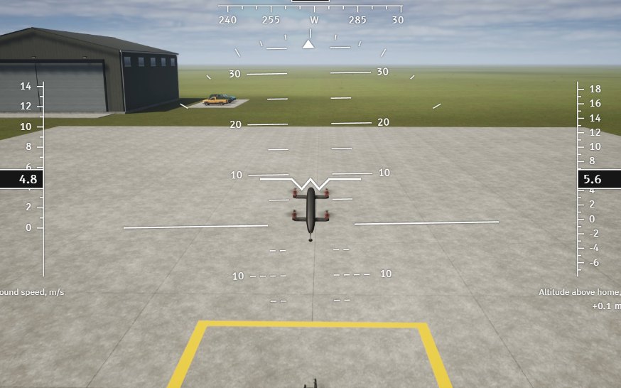 FORGE Studio's 3D view: a quadcopter flying over an airfield beside a hangar, with its height and speed scales