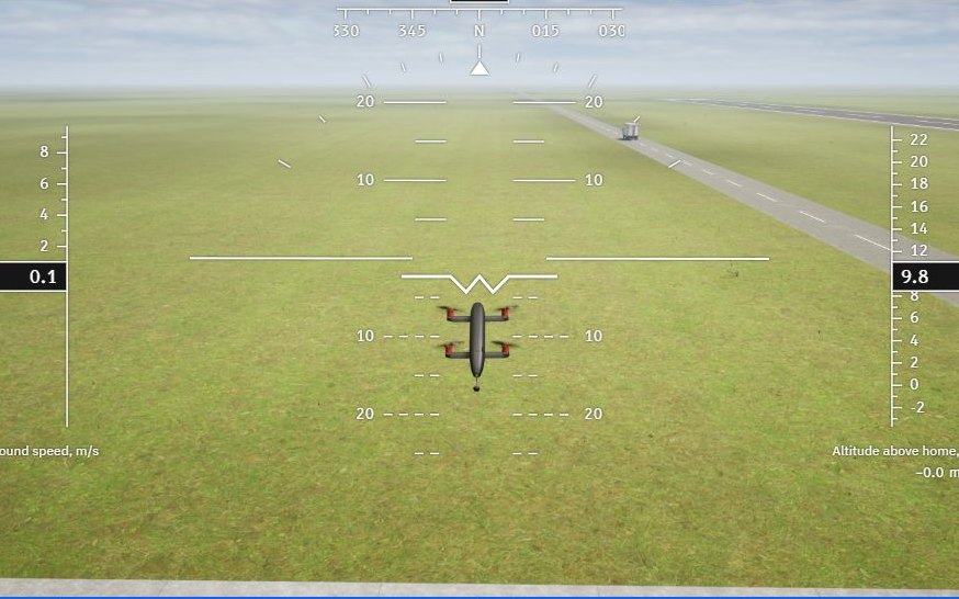 FORGE Studio's 3D view: a virtual drone holding its place over the grass beside the runway
