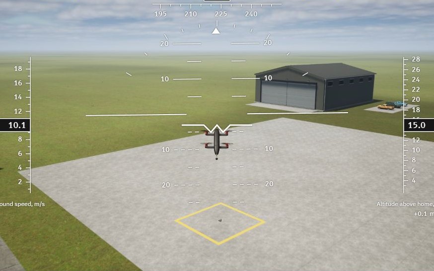 FORGE Studio's 3D view: a virtual drone flying home to the landing square by the hangar