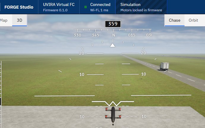 FORGE Studio connected to the UVIRA Virtual FC in simulation, the drone on the airfield in 3D
